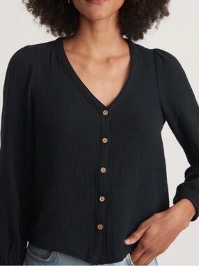 Marine Layer Colette Top in Black V-Neck Button Front Blouse Size Medium